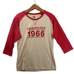 The North Face Womens TShirt Sz L Orange/Beige Logo SpellOut Retro 3/4-Slv Comfy